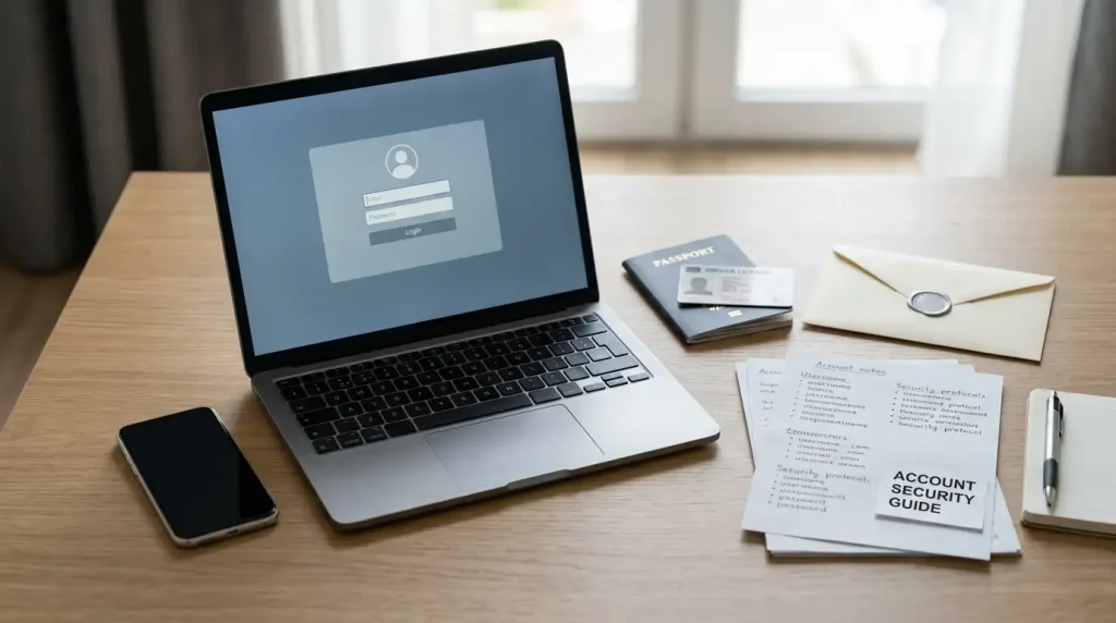 A laptop beside neutral identity documents, a phone and account notes on a desk