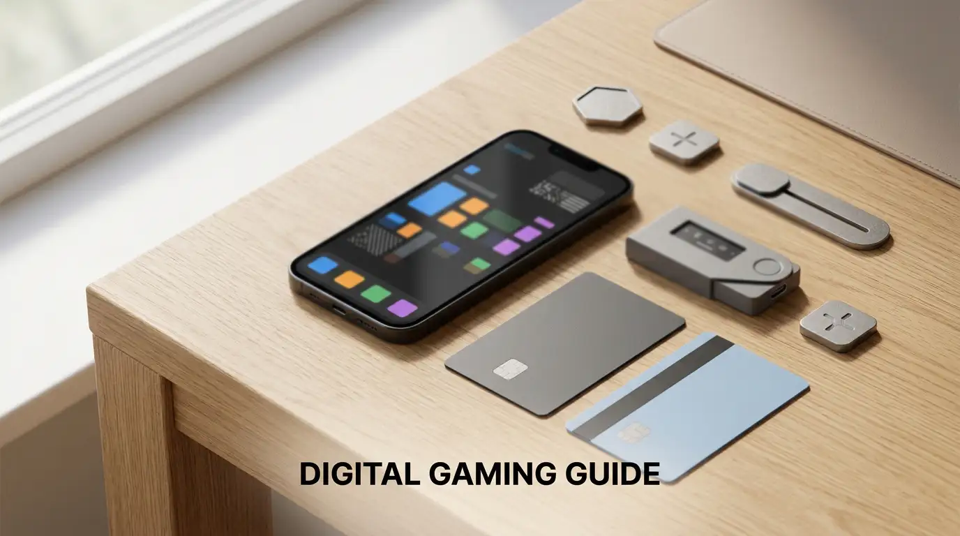 A phone, payment cards and abstract casino tiles arranged on a desk