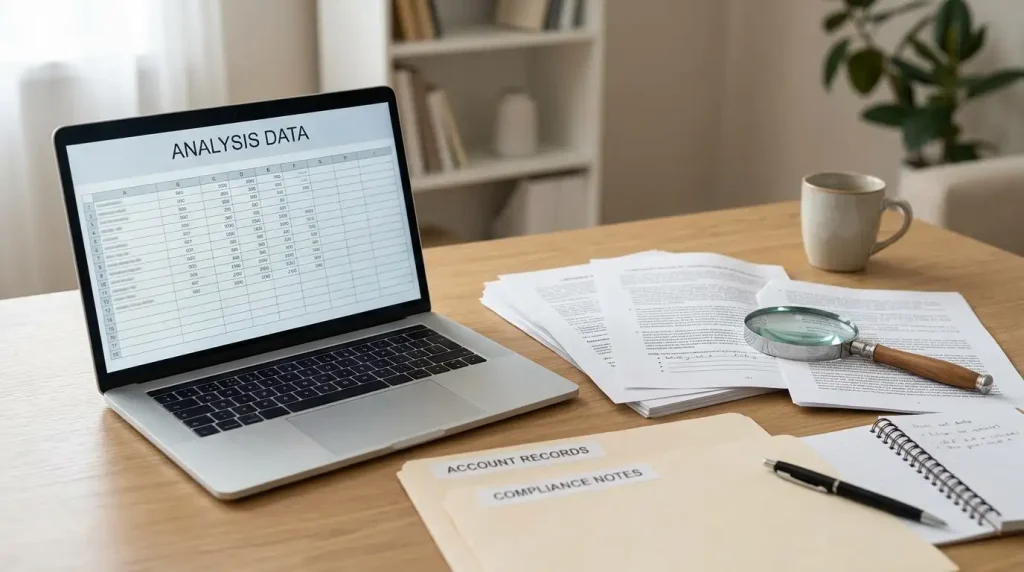 A laptop beside printed legal notes and a magnifying glass on a desk