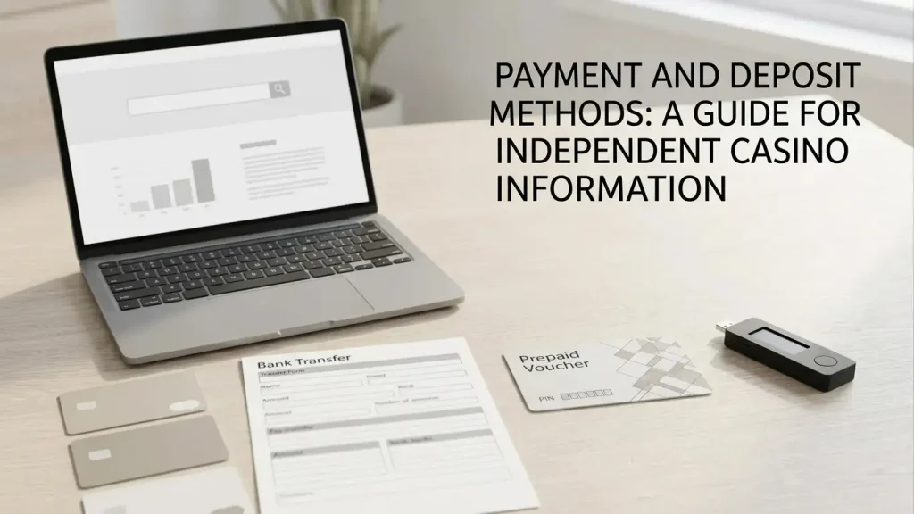 A laptop beside payment cards, a bank transfer form and a hardware wallet on a desk