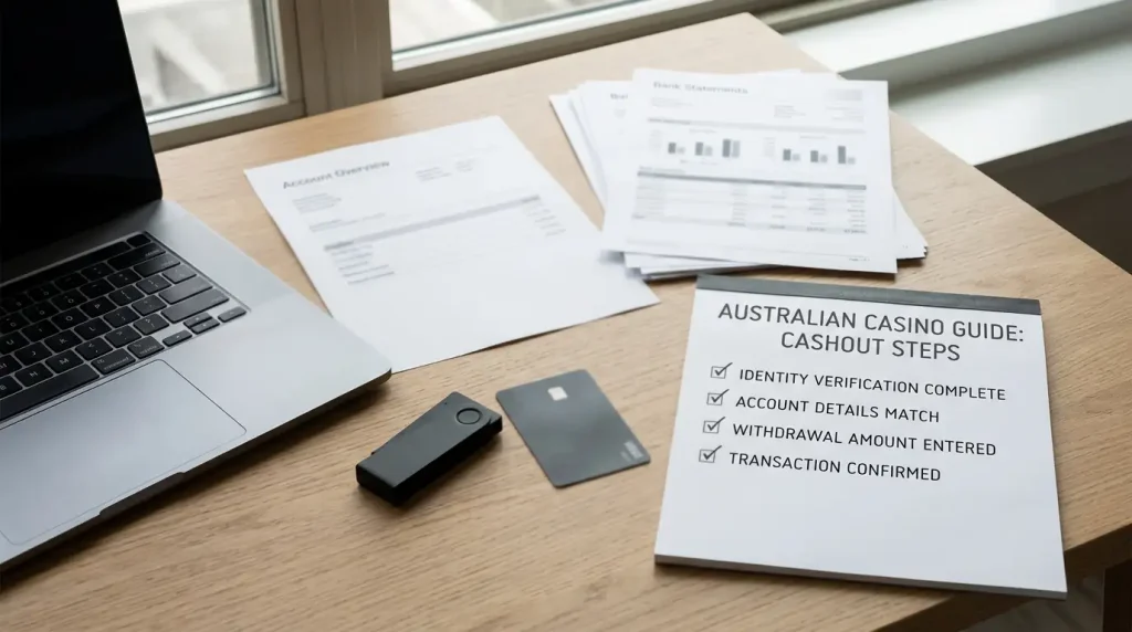 A laptop beside account documents, a bank card and a hardware wallet on a desk